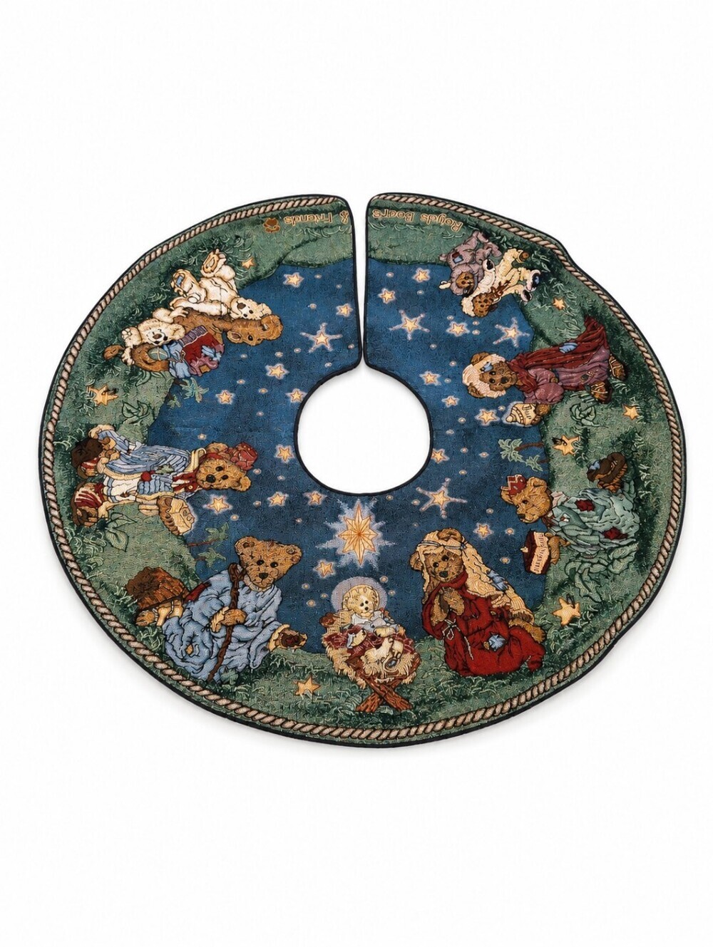 Vtg Boyds Bears Nativity Pageant Tapestry Christmas Tree Skirt Blue Round 44"